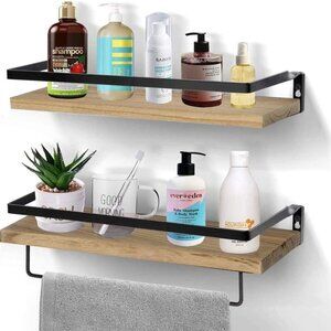 New Set of 2 Light Brown & Black Metal 16.5" Shelves (1 with Towel Bar)